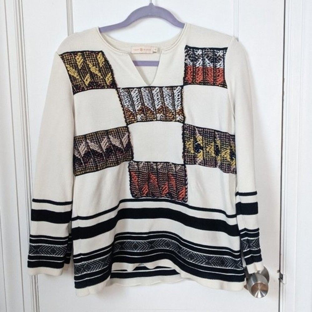 Tory Burch | Patchwork Embroidered Pueblo Basket Weave Sweater Sz M